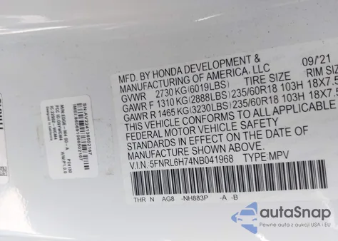 2022 Honda Odyssey Ex-L z USA, uszkodzony, nr VIN 5FNRL6H74NB041968